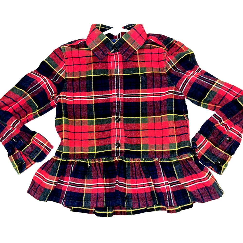 RALPH LAUREN Girls Red Plaid Button Down L/S Peplum Shirt BLOUSE SZ 4 TODDLER